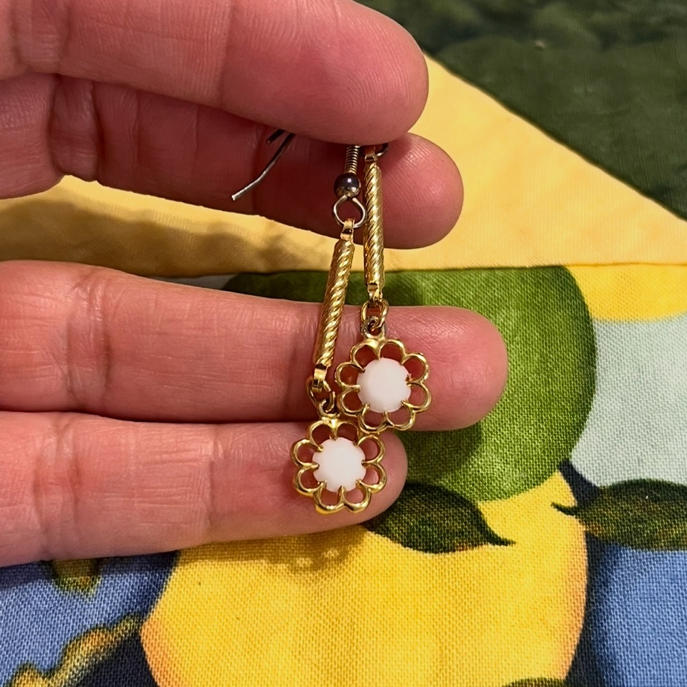 Gold and White Floral Earrings